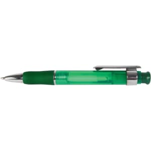 A plastic pen featuring a green body and a silver clip, designed for writing.