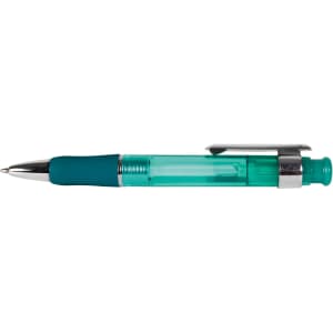 A plastic pen featuring a transparent barrel and a teal grip, complemented by a shiny silver clip and tip.