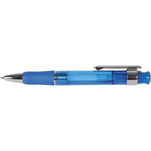A blue plastic pen with a chrome clip and a transparent barrel. It has a logo on the side.