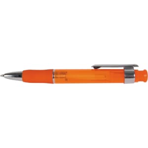 A plastic pen featuring a vibrant orange barrel and a shiny silver clip.