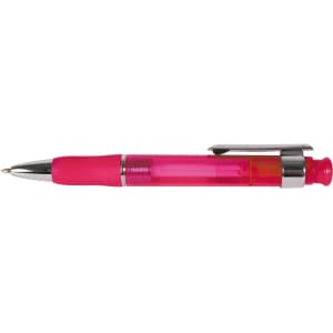 A vibrant pink plastic pen with a clear barrel and chrome accents, featuring a contoured grip for comfortable writing.