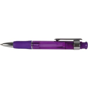 A purple Chrystalis pen featuring a sleek plastic design and chrome accents.