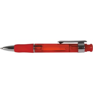 A red plastic pen with a chrome clip and trim. The pen features a clear barrel allowing visibility of the ink inside.
