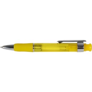 A yellow plastic pen with a chrome clip and a transparent barrel.