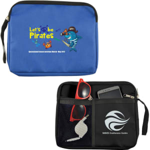 A blue and black zippered pouch featuring a pirate design and a logo, holding sunglasses and a smartphone.
