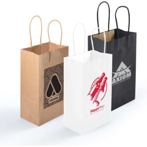 Three small paper bags in brown, white, and black, featuring various logo designs and handles.