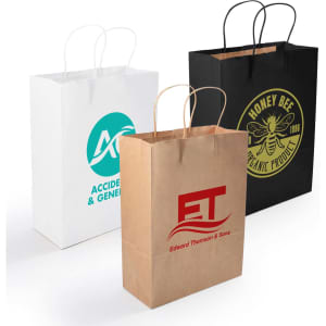 Three medium paper bags in white, brown, and black with handles, each featuring different logos and designs.