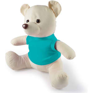 A plush toy bear dressed in a turquoise shirt, featuring a soft and cuddly design.