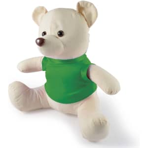 A plush bear in a green shirt, featuring a light cream-colored body and round ears, with a friendly expression.