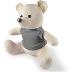 A plush bear with a soft beige exterior and a gray shirt, designed for fun and games.