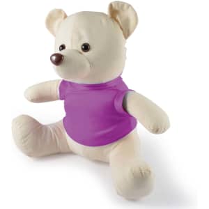 A plush toy bear with a beige body and a purple shirt, featuring friendly facial features and rounded ears.