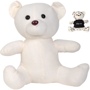 A plush white bear with a stitched design, accompanied by a smaller bear featuring a black shirt.