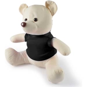 A plush calico bear with a cream-colored body and black shirt.
