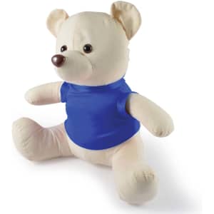 A plush toy bear with a creamy body and a blue shirt, featuring round ears and a cute face.