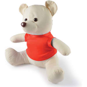 A plush toy bear with a cream-colored body and a red shirt, featuring round ears and a stitched face.