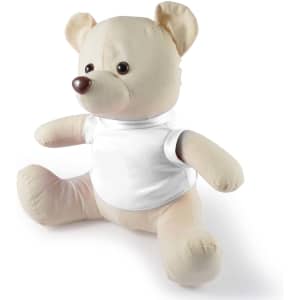 A plush bear with a beige body and a white shirt, featuring a brown nose and round ears.