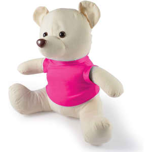 A plush bear toy dressed in a pink shirt, featuring soft cream-colored fur and a friendly facial expression.