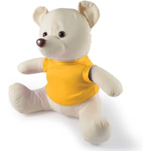 A plush bear toy with a light-colored body and wearing a yellow shirt, designed as The Original Signature Calico Bear.