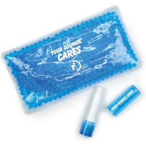 A blue wellness pack with gel beads and a white lip balm tube. Includes a branded packaging.