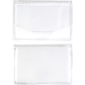 A white microfibre lens cleaning cloth packaged in a clear protective case. The cloth is folded within.