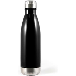 A drink bottle in black with a stainless steel base, featuring a simple, sleek design and a metallic cap.