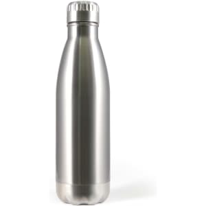A drink bottle with a sleek silver stainless steel design and a screw-on lid. It features a branding logo.