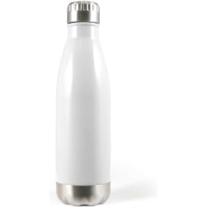 A drink bottle with a sleek white body and a stainless steel bottom, featuring a silver cap.