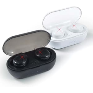 A pair of Tempest TWS earbuds in black and white, housed in a charging case with a transparent lid.