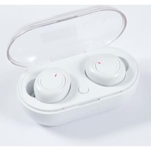 Tempest TWS Earbuds in a charging case. The case is white with a transparent lid, featuring two earbuds inside.