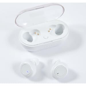 White Tempest TWS earbuds positioned outside their charging case, which is also white and features a clear lid.