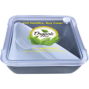 A square, black food container with a clear lid and a fork inside, featuring a logo.