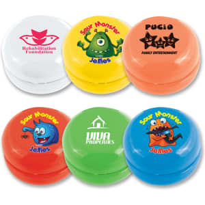 A collection of colourful yo-yos in orange, yellow, green, blue, and white, featuring various designs and logos.