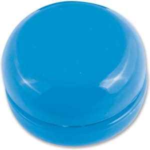 A blue yo-yo with a smooth, glossy finish, featuring a circular shape and a central groove. It has a logo on the surface.