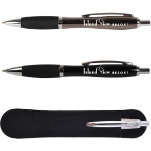 A metal pen set in black and silver, featuring a logo, housed in a soft black case.