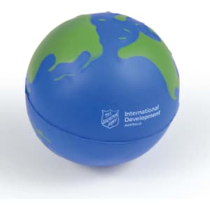 A blue and green world globe stress reliever featuring a logo on its surface.