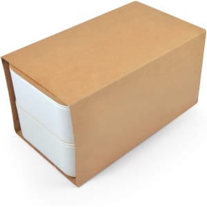 A stackable eco lunch box in white, packaged in a brown kraft box, featuring a simple design and a logo.