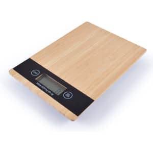 A set of Hercules Kitchen Scales featuring a bamboo surface and digital display.