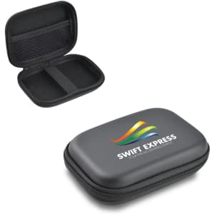 A small black EVA zipper case with a logo, featuring a mesh pocket and elastic strap inside.