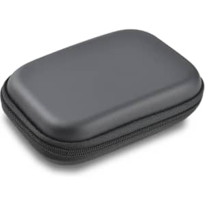 A black, hard-shell case with a textured surface and a zipper closure.
