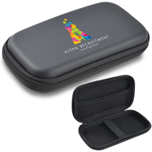 A medium black EVA zipper case with a logo, featuring a zippered closure and interior compartments.