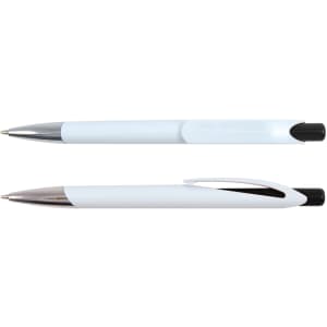 A set of Falcon Pens in white and black, featuring a sleek plastic design and chrome accents.
