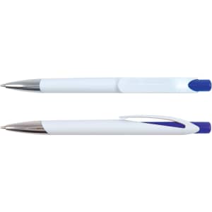 Two plastic pens are displayed, featuring a white body with blue accents and chrome tips. Each pen has a clip.