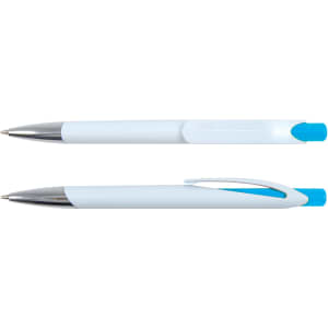A Falcon Pen in white plastic with a blue accent and a silver clip. Two pens are displayed, one on top of the other.