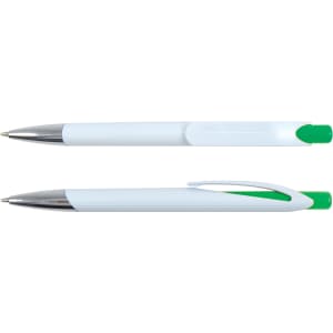 A plastic pen in white with green accents and a chrome tip, featuring a clip and a smooth design.