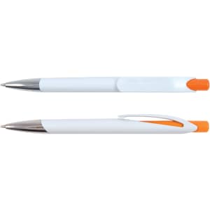 A plastic pen featuring a white barrel and an orange top. It has a chrome accent and a clip for easy handling.