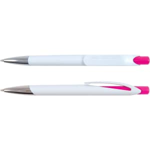 A set of two white plastic pens with pink accents and chrome tips, featuring a sleek design and a clip.
