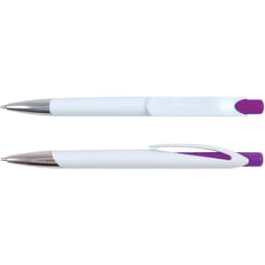 A plastic pen with a white body and purple accents, featuring a clip and a shiny silver tip.