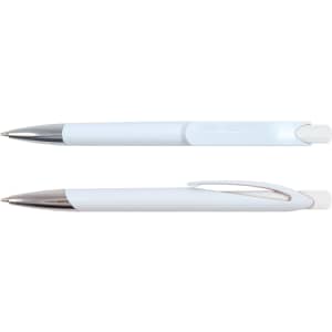 A white plastic pen with a silver clip and tip, featuring a smooth design and a glossy finish.