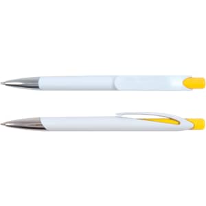 A set of Falcon Pens in a sleek plastic design, featuring a white body with yellow accents and chrome details.