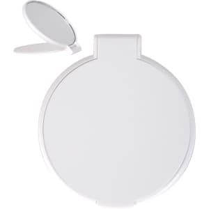 A round folding mirror with a sleek design, featuring a compact size for easy portability.